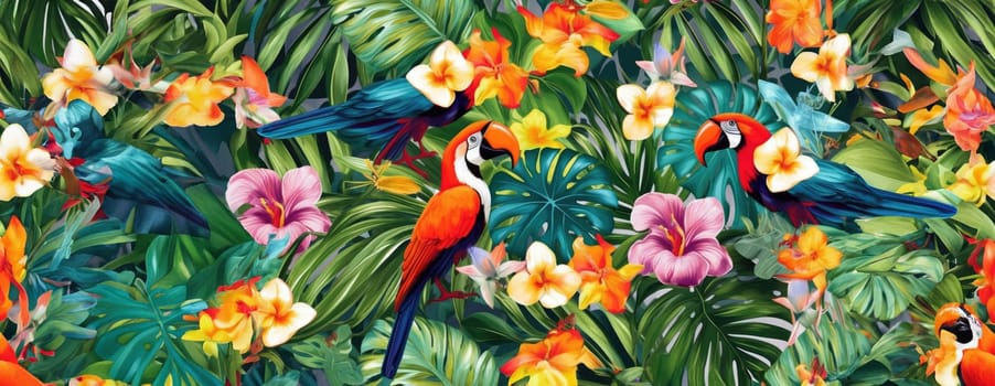 Tropical exotic pattern with animal and flowers in bright colors and lush vegetation. Ai Generative