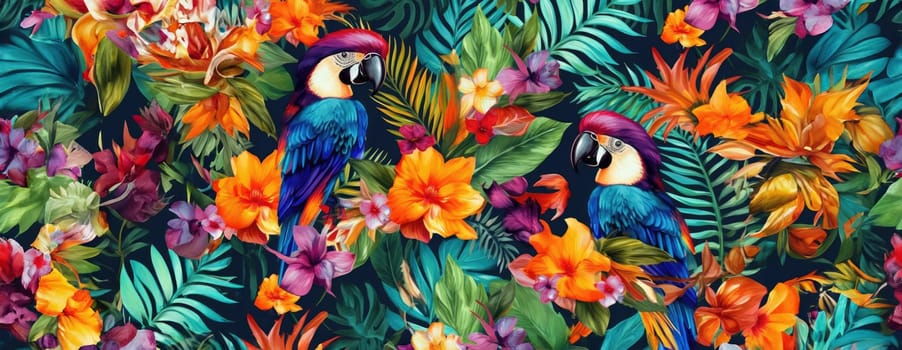 Tropical exotic pattern with animal and flowers in bright colors and lush vegetation. Ai Generative