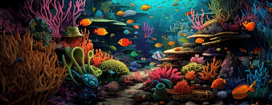 Tropical sea underwater fishes on coral reef. Aquarium oceanarium wildlife colorful marine panorama landscape nature snorkel diving. AI Generative