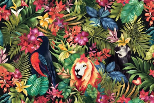 Tropical exotic pattern with animal and flowers in bright colors and lush vegetation. Ai Generative