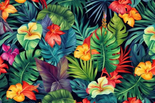 Tropical exotic pattern with animal and flowers in bright colors and lush vegetation. Ai Generative