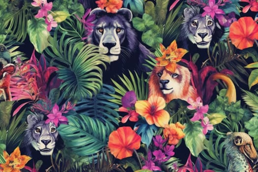 Tropical exotic pattern with animal and flowers in bright colors and lush vegetation. Ai Generative