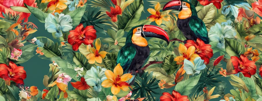 Tropical exotic pattern with animal and flowers in bright colors and lush vegetation. Ai Generative