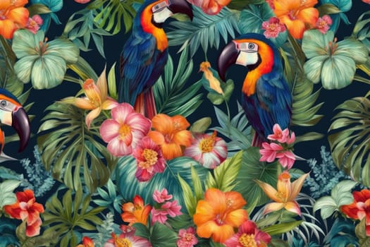 Tropical exotic pattern with animal and flowers in bright colors and lush vegetation. Ai Generative