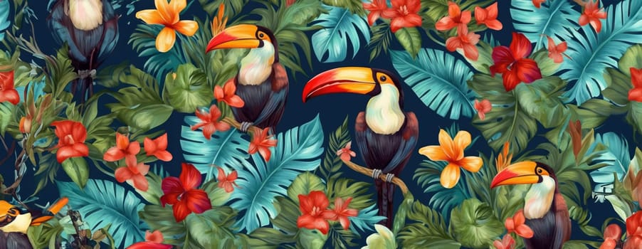 Tropical exotic pattern with animal and flowers in bright colors and lush vegetation. Ai Generative