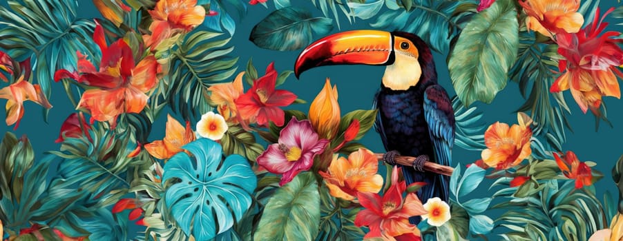 Tropical exotic pattern with animal and flowers in bright colors and lush vegetation. Ai Generative