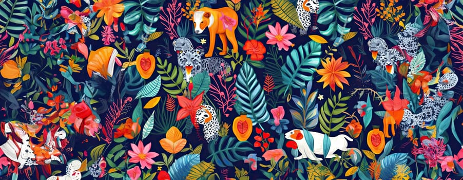 Tropical exotic pattern with animal and flowers in bright colors and lush vegetation. Ai Generative