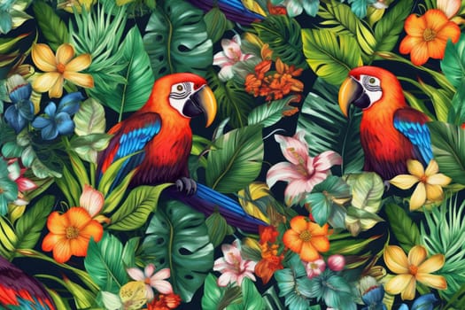 Tropical exotic pattern with animal and flowers in bright colors and lush vegetation. Ai Generative