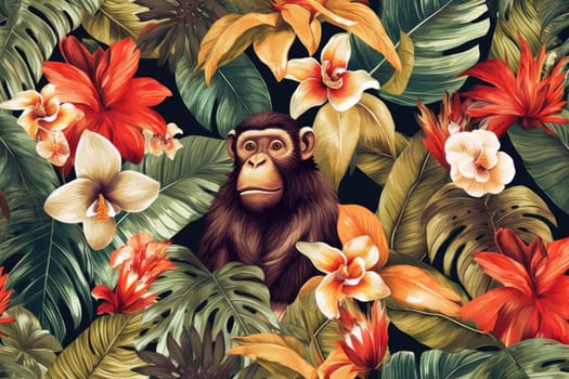 Tropical exotic pattern with animal and flowers in bright colors and lush vegetation. Ai Generative