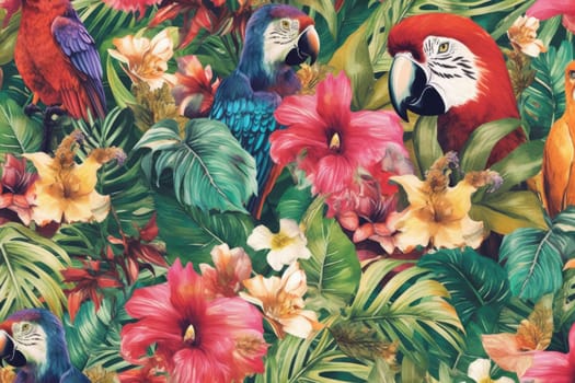 Tropical exotic pattern with animal and flowers in bright colors and lush vegetation. Ai Generative