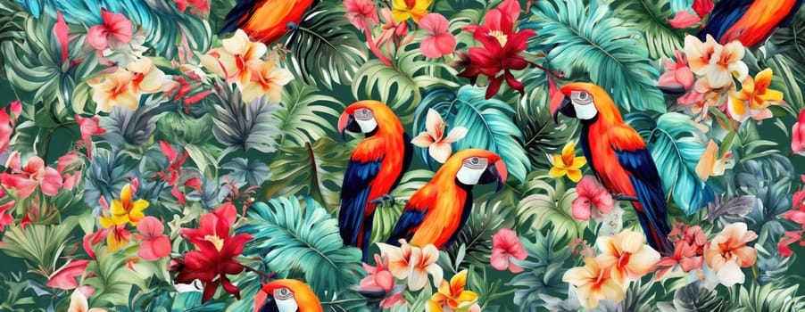 Tropical exotic pattern with animal and flowers in bright colors and lush vegetation. Ai Generative