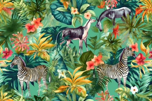 Tropical exotic pattern with animal and flowers in bright colors and lush vegetation. Ai Generative