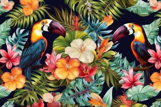 Tropical exotic pattern with animal and flowers in bright colors and lush vegetation. Ai Generative