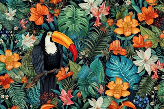 Tropical exotic pattern with animal and flowers in bright colors and lush vegetation. Ai Generative