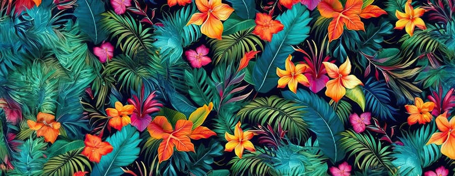 Tropical exotic pattern with animal and flowers in bright colors and lush vegetation. Ai Generative