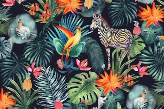 Tropical exotic pattern with animal and flowers in bright colors and lush vegetation. Ai Generative