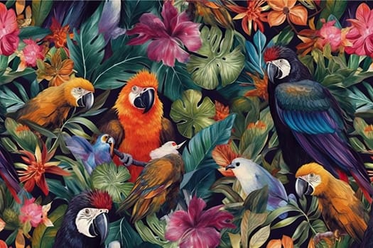 Tropical exotic pattern with animal and flowers in bright colors and lush vegetation. Ai Generative