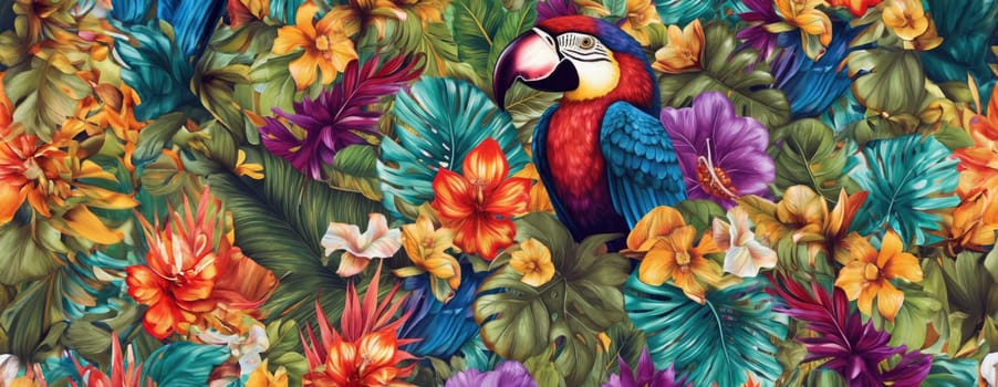 Tropical exotic pattern with animal and flowers in bright colors and lush vegetation. Ai Generative