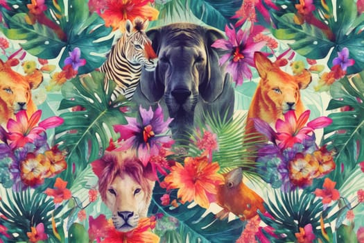 Tropical exotic pattern with animal and flowers in bright colors and lush vegetation. Ai Generative