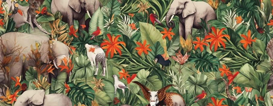 Tropical exotic pattern with animal and flowers in bright colors and lush vegetation. Ai Generative