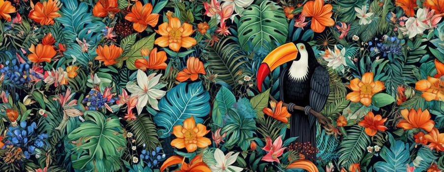 Tropical exotic pattern with animal and flowers in bright colors and lush vegetation. Ai Generative