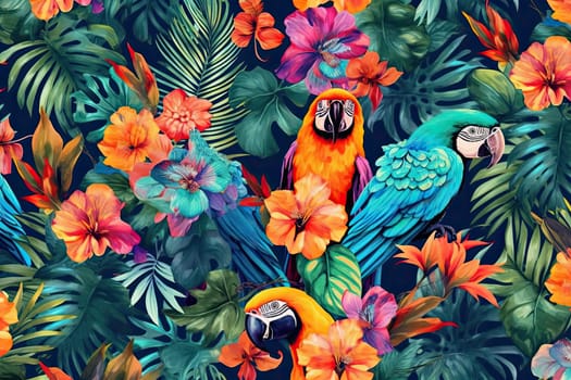 Tropical exotic pattern with animal and flowers in bright colors and lush vegetation. Ai Generative