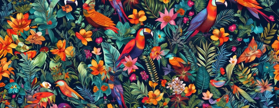 Tropical exotic pattern with animal and flowers in bright colors and lush vegetation. Ai Generative