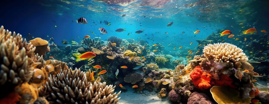 Tropical sea underwater fishes on coral reef. Aquarium oceanarium wildlife colorful marine panorama landscape nature snorkel diving. AI Generative