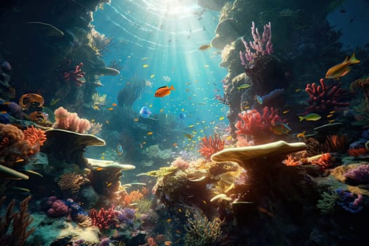 Tropical sea underwater fishes on coral reef. Aquarium oceanarium wildlife colorful marine panorama landscape nature snorkel diving. AI Generative