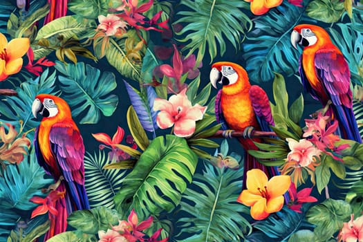 Tropical exotic pattern with animal and flowers in bright colors and lush vegetation. Ai Generative