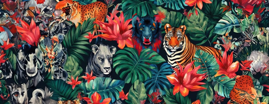 Tropical exotic pattern with animal and flowers in bright colors and lush vegetation. Ai Generative