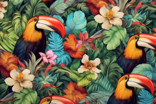 Tropical exotic pattern with animal and flowers in bright colors and lush vegetation. Ai Generative