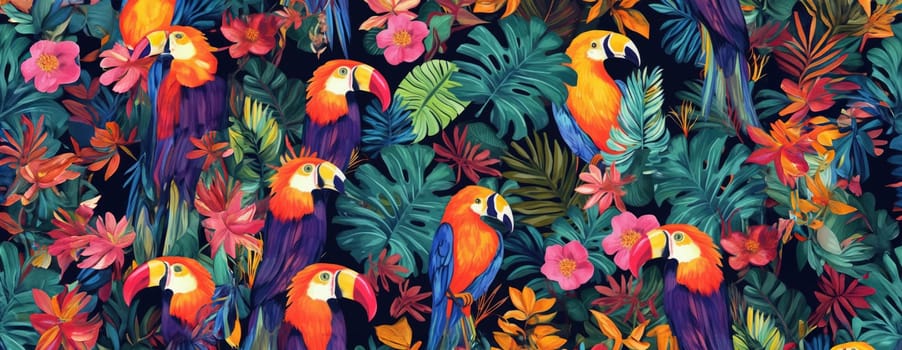 Tropical exotic pattern with animal and flowers in bright colors and lush vegetation. Ai Generative