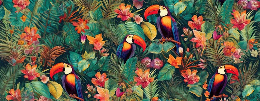 Tropical exotic pattern with animal and flowers in bright colors and lush vegetation. Ai Generative