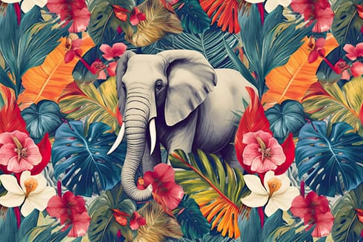 Tropical exotic pattern with animal and flowers in bright colors and lush vegetation. Ai Generative