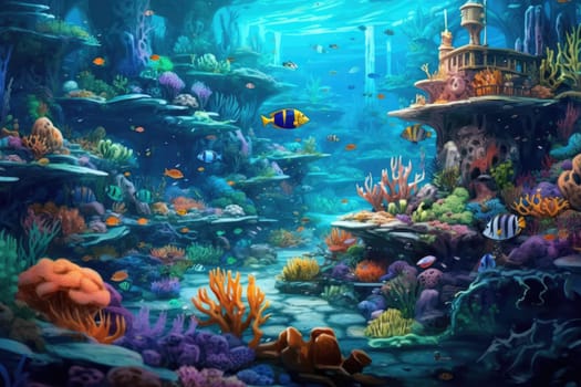 Tropical sea underwater fishes on coral reef. Aquarium oceanarium wildlife colorful marine panorama landscape nature snorkel diving. AI Generative