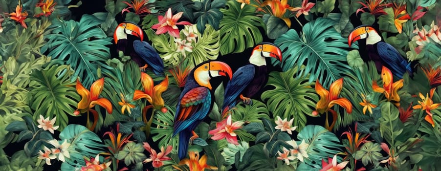 Tropical exotic pattern with animal and flowers in bright colors and lush vegetation. Ai Generative