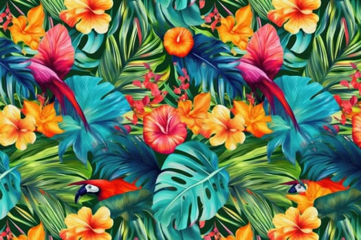 Tropical exotic pattern with animal and flowers in bright colors and lush vegetation. Ai Generative