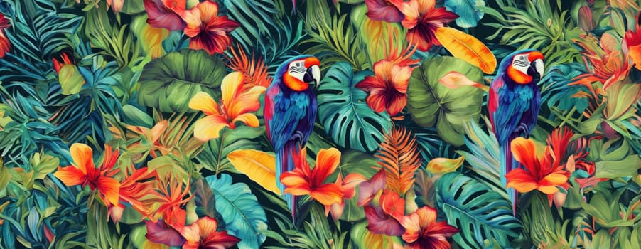 Tropical exotic pattern with animal and flowers in bright colors and lush vegetation. Ai Generative