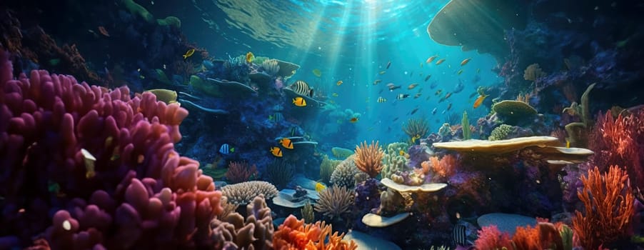 Tropical sea underwater fishes on coral reef. Aquarium oceanarium wildlife colorful marine panorama landscape nature snorkel diving. AI Generative