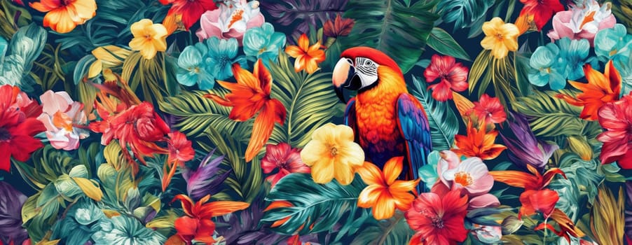 Tropical exotic pattern with animal and flowers in bright colors and lush vegetation. Ai Generative