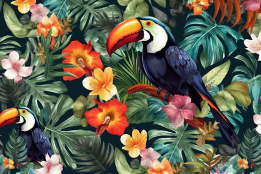 Tropical exotic pattern with animal and flowers in bright colors and lush vegetation. Ai Generative