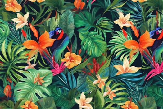 Tropical exotic pattern with animal and flowers in bright colors and lush vegetation. Ai Generative