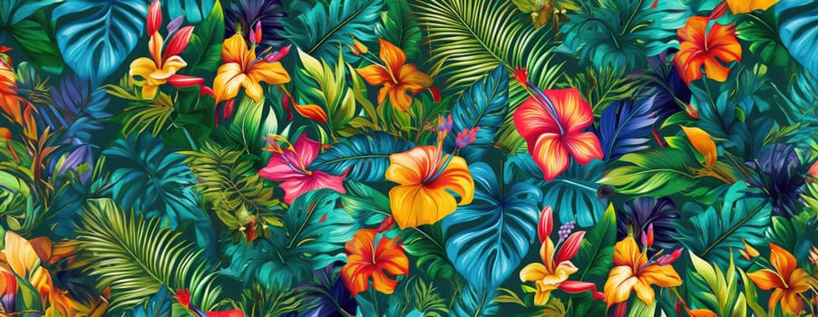 Tropical exotic pattern with animal and flowers in bright colors and lush vegetation. Ai Generative