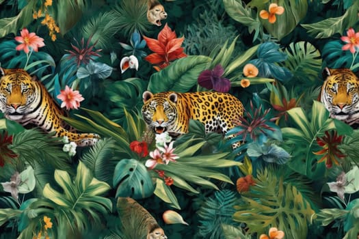 Tropical exotic pattern with animal and flowers in bright colors and lush vegetation. Ai Generative