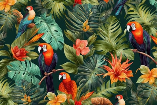 Tropical exotic pattern with animal and flowers in bright colors and lush vegetation. Ai Generative