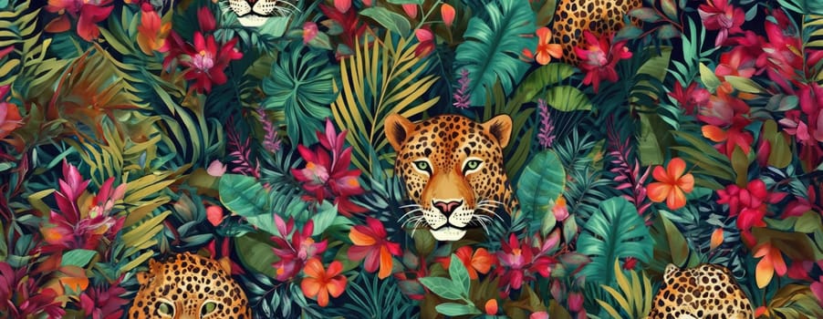 Tropical exotic pattern with animal and flowers in bright colors and lush vegetation. Ai Generative