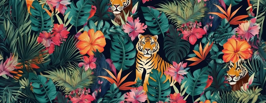 Tropical exotic pattern with animal and flowers in bright colors and lush vegetation. Ai Generative