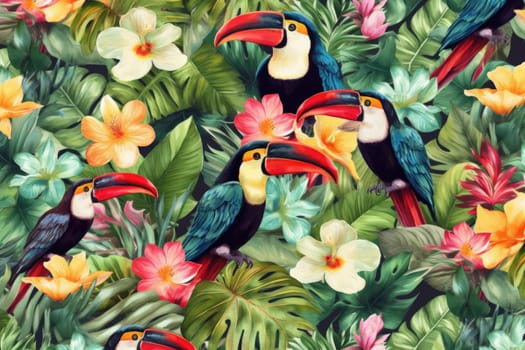 Tropical exotic pattern with animal and flowers in bright colors and lush vegetation. Ai Generative