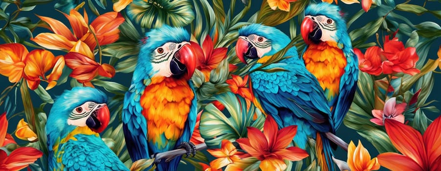 Tropical exotic pattern with animal and flowers in bright colors and lush vegetation. Ai Generative